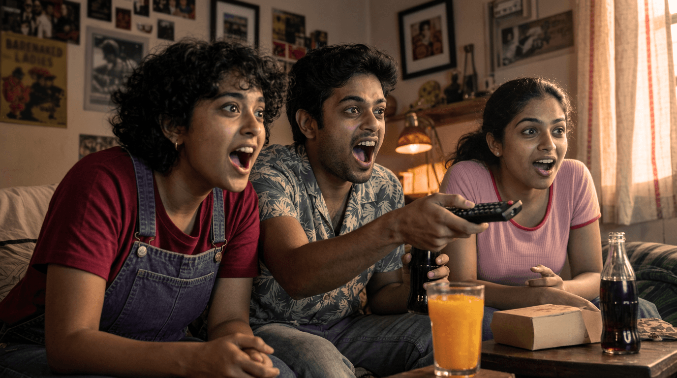 Friends on a sofa reacting excitedly while streaming a show